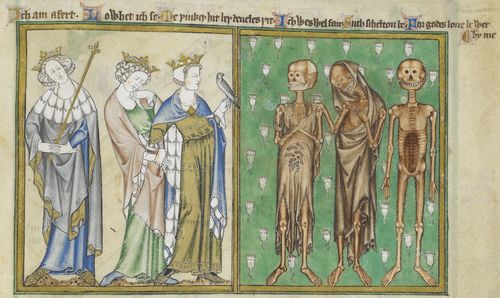 Three Living and Three Dead: Detail of a miniature of the Three Living and the Three Dead, from the De Lisle Psalter, England (East Anglia), c. 1308 – c. 1340, Arundel MS 83, f. 127v